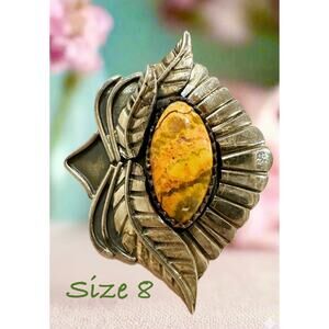 Bumblebee Jasper Handmade Leaf Feather Motif Sterling Ring Size 9 & 10